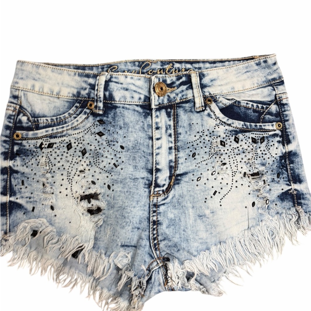 Sexy Couture Embellished Light Blue Distressed Denim‎ Shorts
